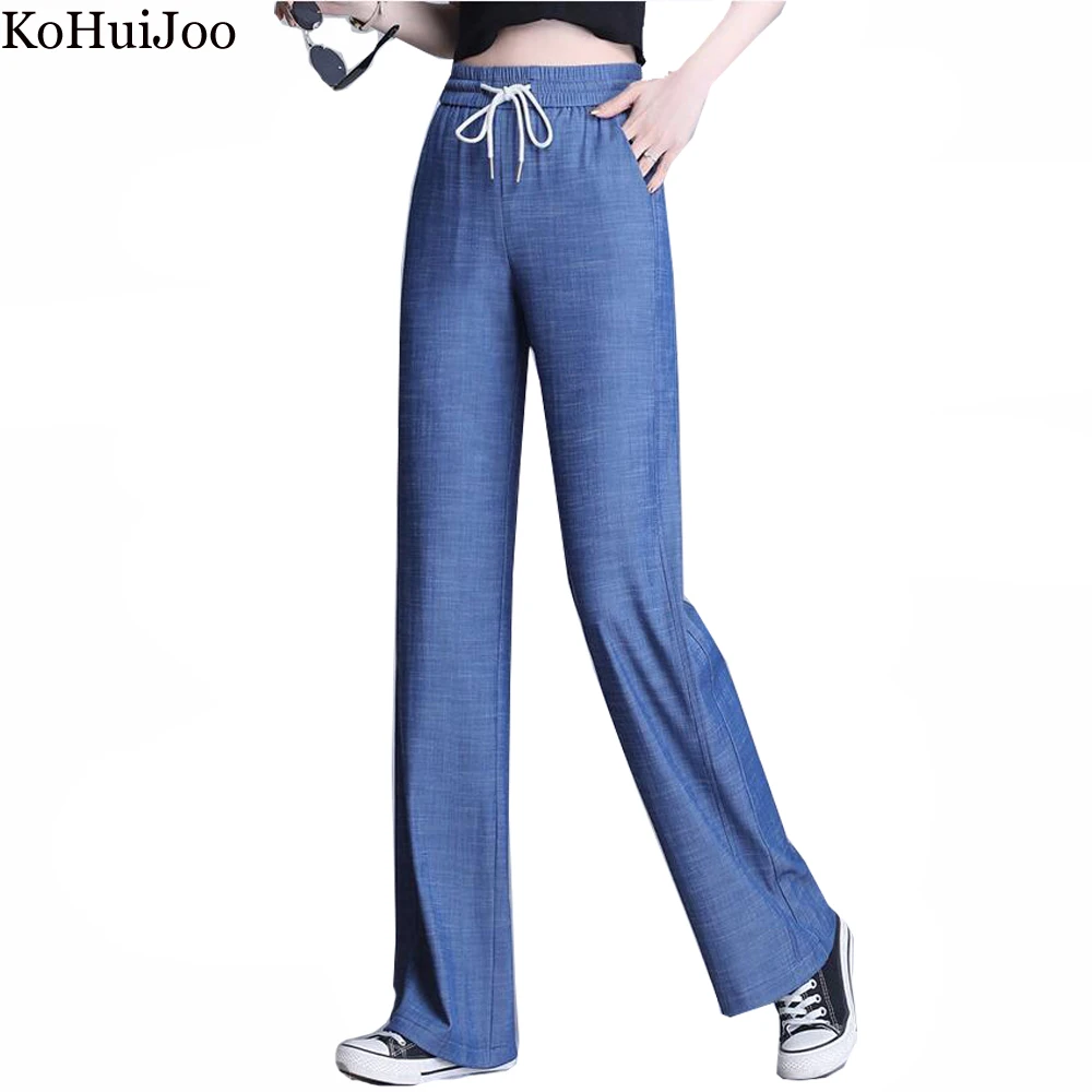 

KoHuiJoo 2022 Spring Summer New Tencel jeans Woman Elastic Waist Wide Leg Trousers Fashion Loose Straight Trousers Women Jeans