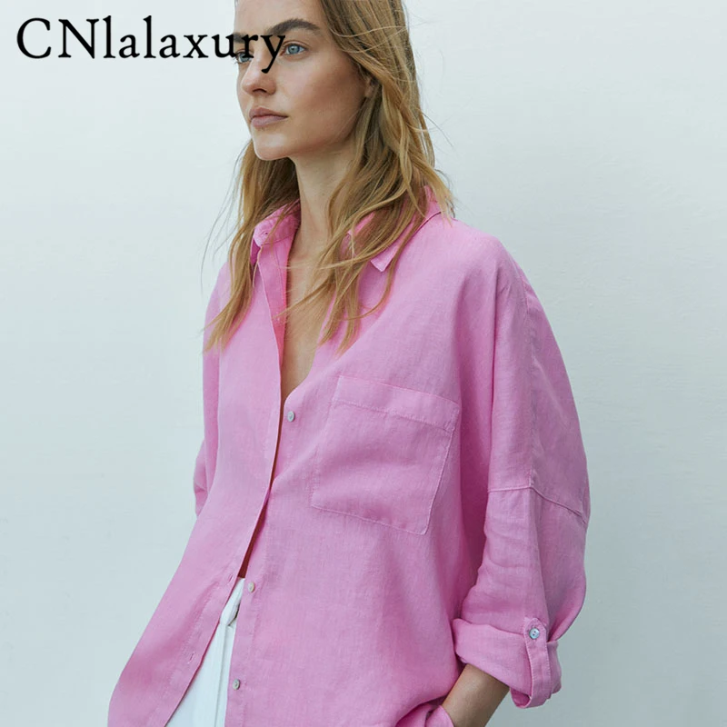 CNlalaxury 2022 Весенняя женская розовая хлопковая льняная блузка с длинным рукавом