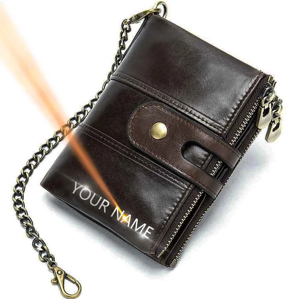 

New Men Wallets Anti-theft Chain Name Engraving Zipper Male Purse 100% Vintage High Quality Men Wallet