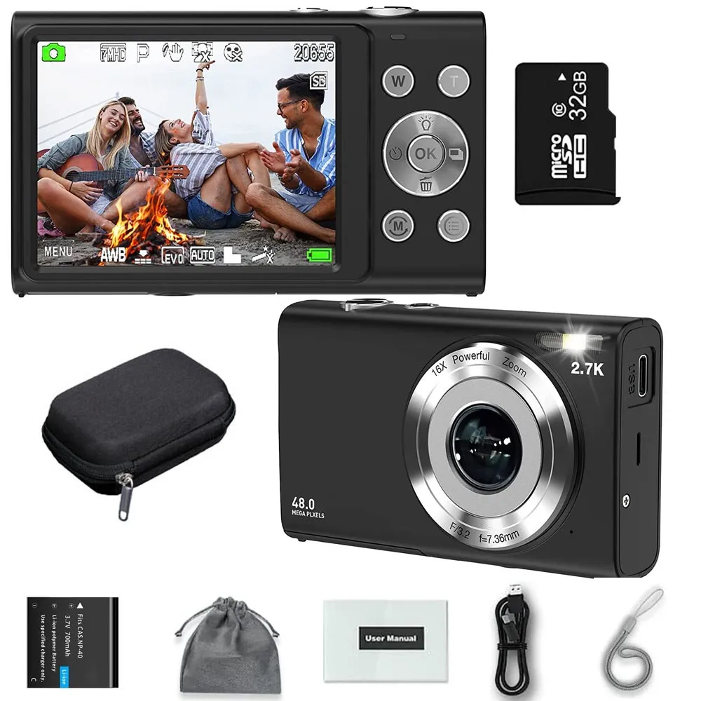

Цифровые фотоаппараты 2,7 K для детей, мини-камера с автофокусом и сумкой для фотосъемки, HD, 48 МП, с большой фотокамерой 2,8 дюйма, горячая Распродажа