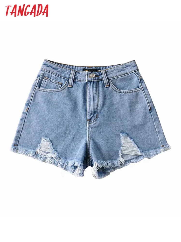 

Tangada women blue ripped tassel denim shorts zipper pockets high waist female retro summer jeans NA07
