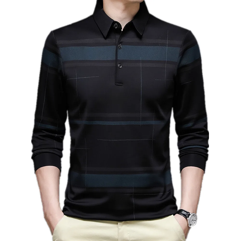 

Spring and Autumn New Polo Shirt Men's Long Sleeve T-shirt Slim Stripe Backing Shirt Business Casual Iron Free Fashion Top