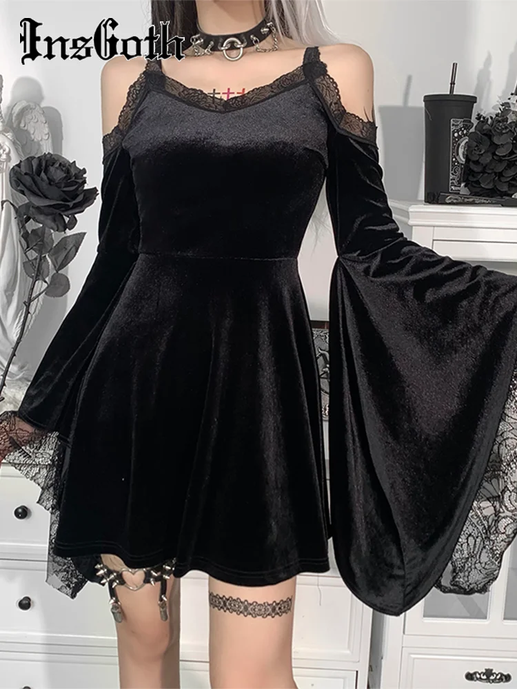 

InsGoth Goth Sexy Flare Sleeve Black Dress Y2K Harajuku High Waist A Line Mini Dresses Off Shoulder Punk Halloween Autumn Dress