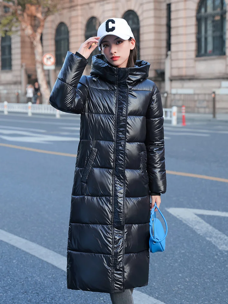 2023 New Waterproof Coats Fashion Winter Down Cotton Jacket Womens Glossy Femme Thick Warm Long Hooded Puffer Parkas