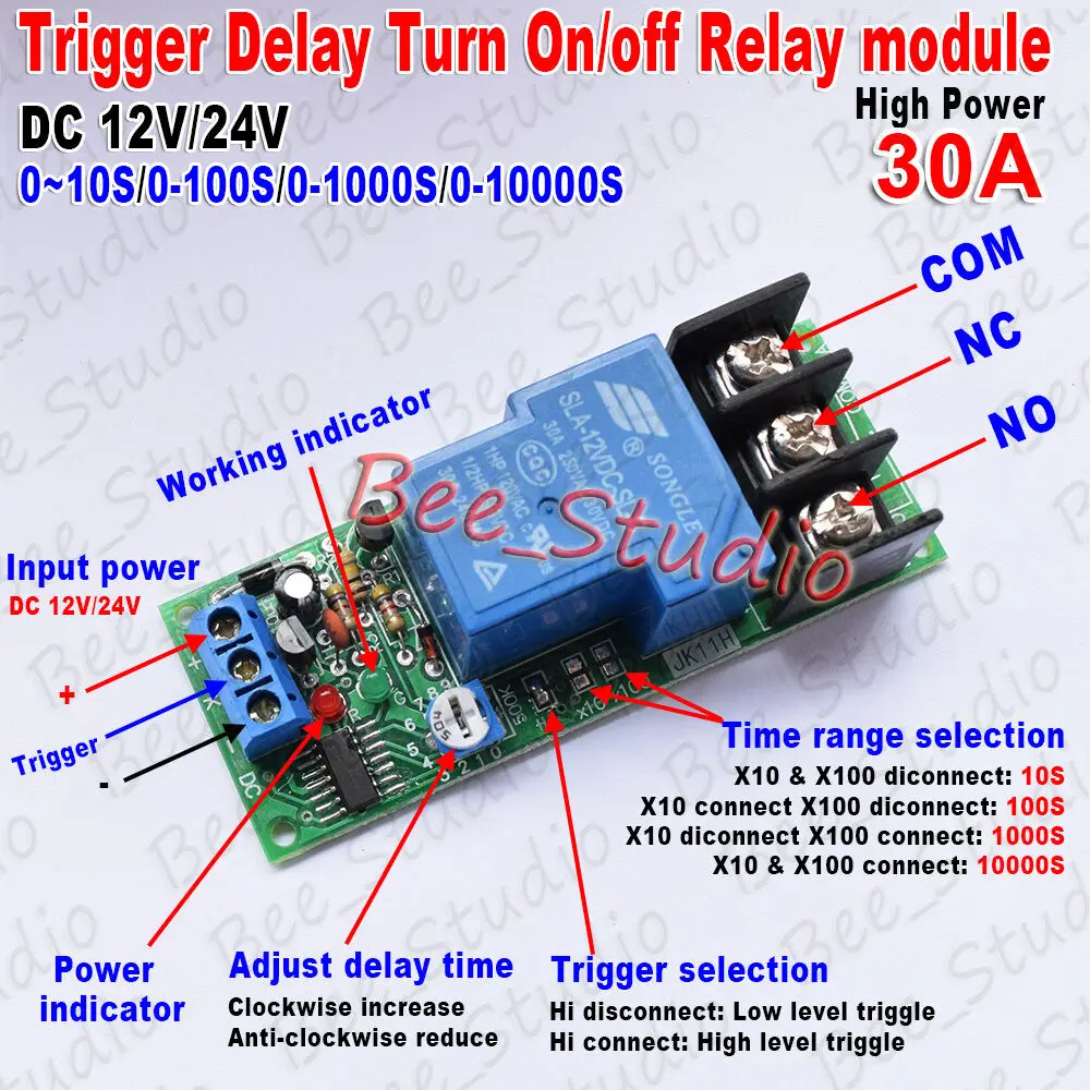 

Time Delay Relay Module Circuit Timer Control Switch DC 12V 24V 30A Adjustable Conduction