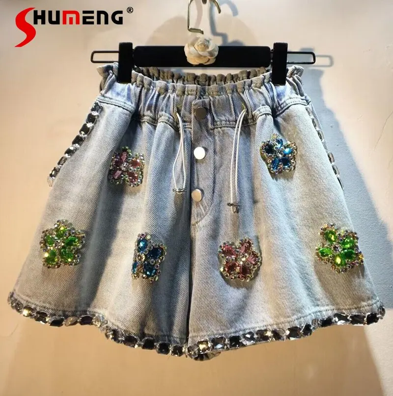 

2023 Summer New Ladies Fashion Exquisite Rhinestone Beaded Drawstring Shorts Women High Waist Slimming Wide-Leg Denim Shorts