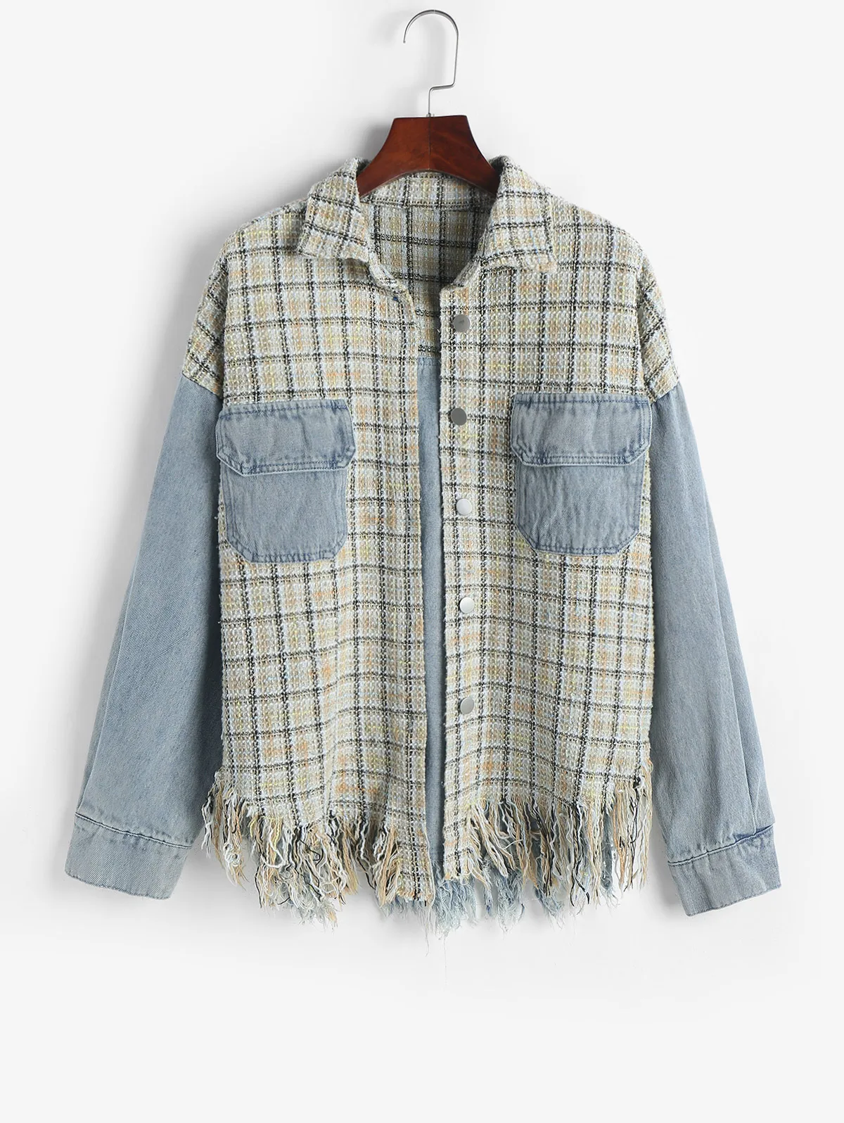 

ZAFUL Denim Panel Plaid Tweed Cargo Jacket Women Daily Wide-waisted Tweed Coat Frayed Button Up Drop Shoulder Shacket