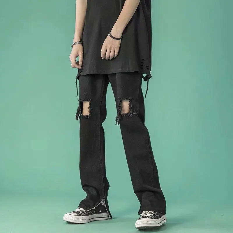Men's Ripped Jeans Streetwear Vintage Hip Hop Jeans Men's Button Mid-Waist Split Jeans Men's Loose Denim Straight-Leg Pants