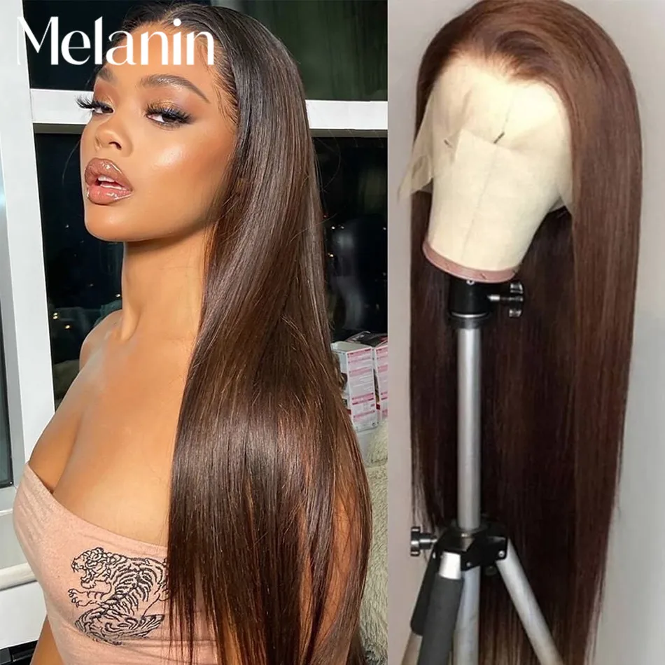 

Melanin Beauty 13x4 HD Transparent Lace Front Human Hair Wigs 4# Chocolate Brown Malaysian Straight Remy Human Hair Frontal Wigs