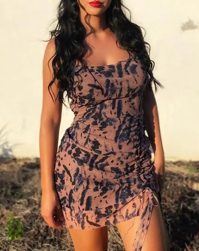 

Модное повседневное женское платье 2023, летнее пикантное облегающее Плиссированное камуфляжное платье без рукавов с принтом животных для отпуска