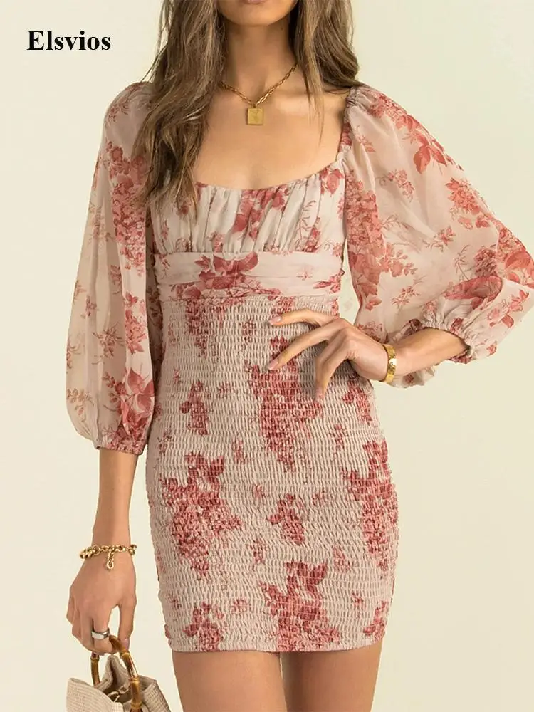 

Платье женское шифоновое с квадратным вырезом, пикантное плявечерние вечернее мини-платье с ажурным бантом, с цветочным принтом, с рукавами...