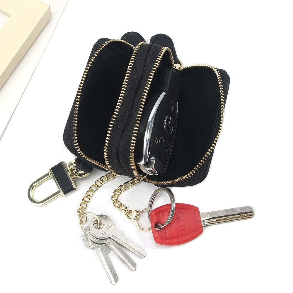 New Genuine Leather Key Wallets Men Simple Car Key Keeper Pouch Housekeeper Holder Ladies Cowhide Leather Double Zipper Key Case