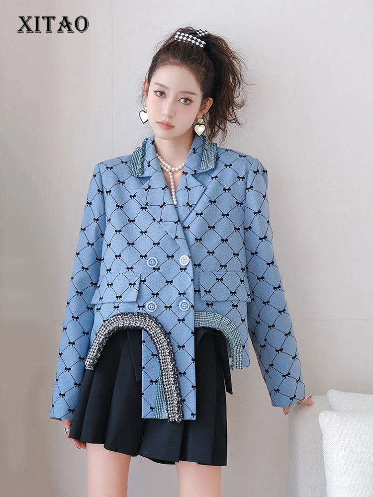 

XITAO Personality Asymmetrical Women Blazer Loose Small Fragrance Contrast Color Bow Print Top Autumn New All-match Coat WLD8549