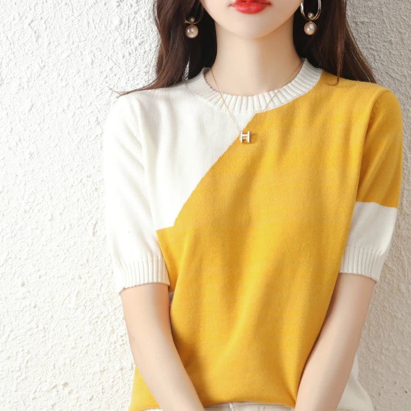 

Women's T-Shirt Summer New 100% Cotton Ladies Top Casual Patchwork Pullover Overside Tees Crew Neck Sweater Short Sleeve HOT