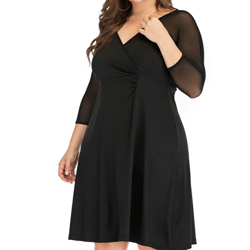 Plus Size Clothes V-Neck Black Net Yarn Patchwork Three Quarter Sleeve Elegant Pleated Spring Summer Women Knee-Length Dresses