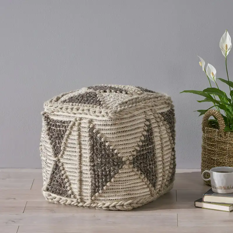 

Boho Handcrafted Cube Pouf, Gray and Ivory Foot Rest Stool Hallway Ottoman Home Decor Furniture Stool Small Wooden Stools Sofa