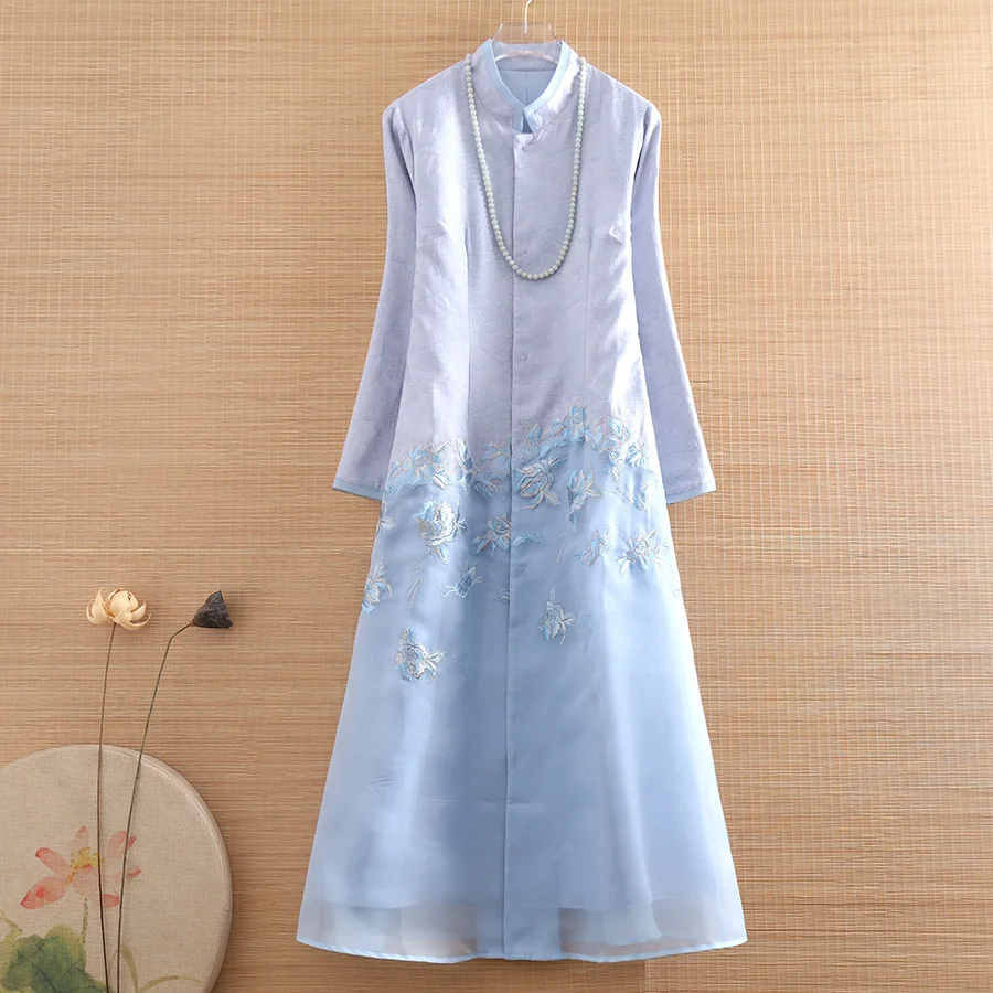 

High-end Autumn Winter Chinese Style Women Patchwork Organza Coat Elegant Embroidery Lady Christmas Trench Coat Female S-XXL