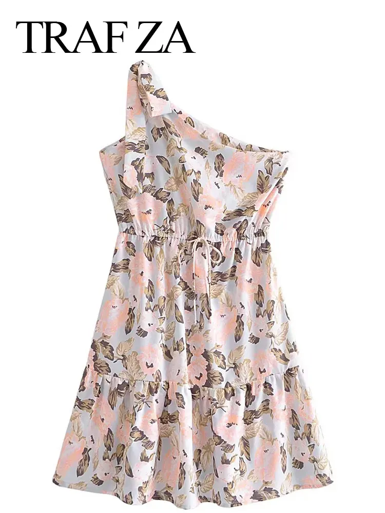 

TRAF ZA Fashion Women Floral One Shoulder Strap Sleeveless Mini Dress Drawstring Elegant Slim Sexy Holiday Party Summer Clothes