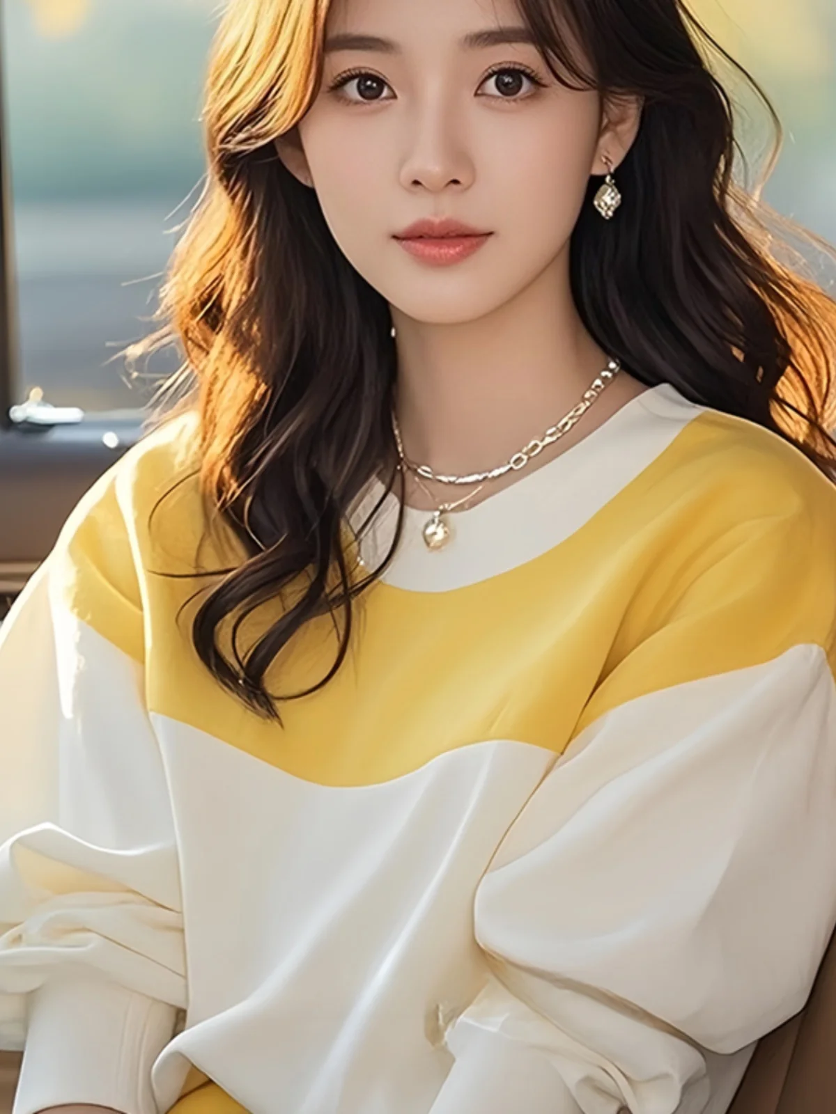 Желто-белая свободная рубашка контрастного цвета с длинными рукавами для женщин