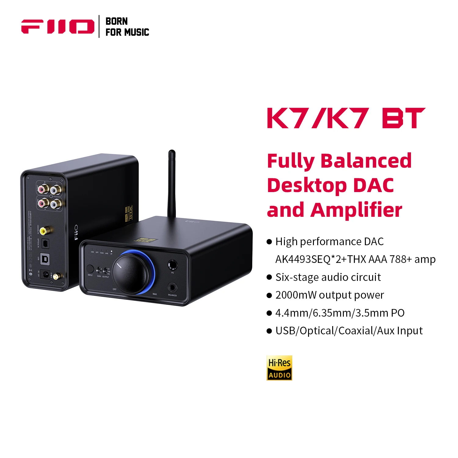 

FiiO K7/K7BT Balanced HiFi DAC Headphone Amplifier AK4493S*2, XMOS XU208 PCM384kHz DSD256,USB/Optical/Coaxial/RCA Inputs