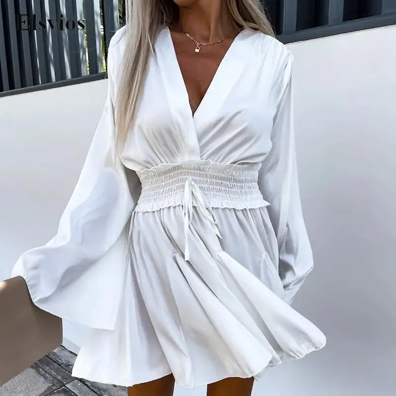 

Женское офисное повседневное облегающее мини-платье с длинным рукавом, сексуальное женское пляжное платье с V-образным вырезом и оборками, ...