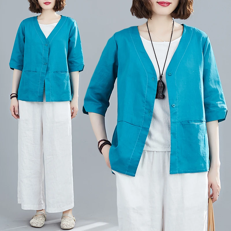 Тонкое хлопковое льняное пальто для женщин однотонный топ в ретро стиле