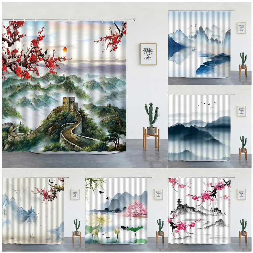 

Chinese Style Landscape Great Wall Shower Curtain Ink Mountain Water Plum Blossom Nature Scenery Bath Curtains Bathroom Decor