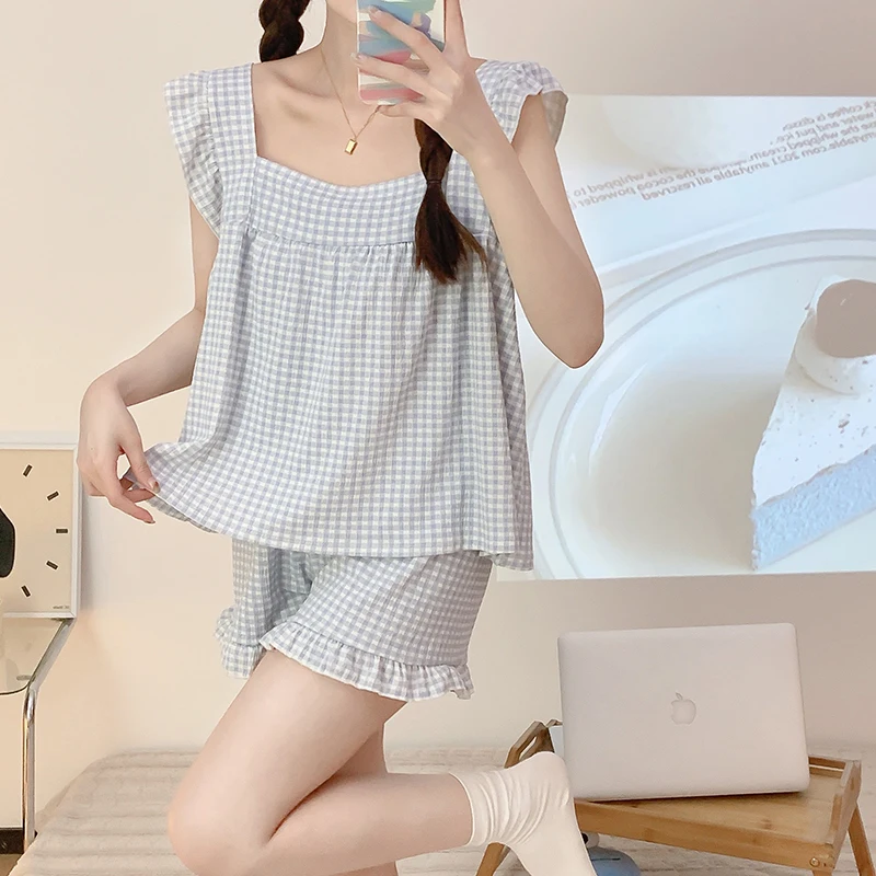 CAIYIER Summer Square Collar Grid Girls Nightwear Sleeveless Top and Shorts Sweet Sleepwear For Women Korean Kawaii Homewear