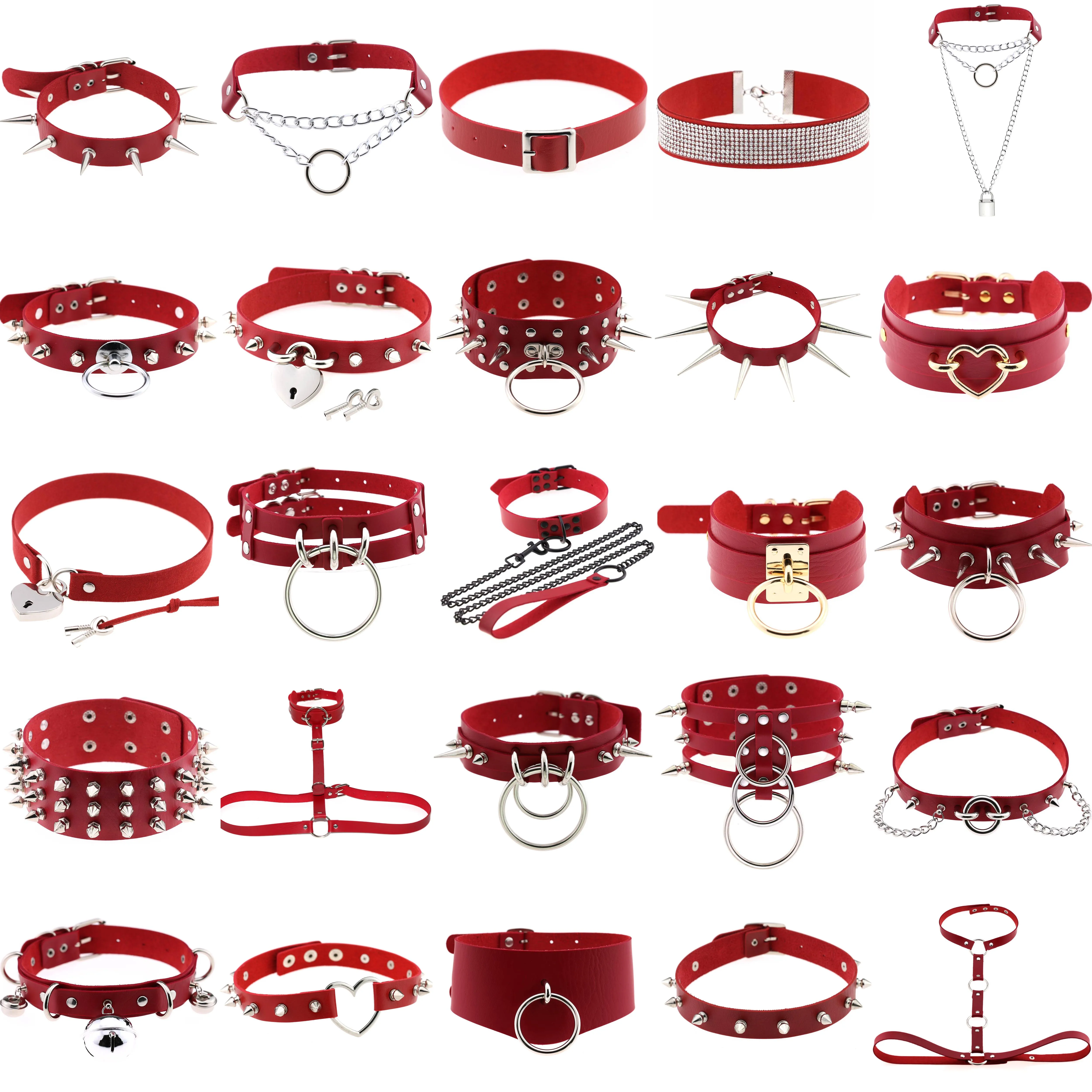 

Goth Red PU Leather Necklaces for Women Cosplay Silver Color Stainless Steel Chains Rivet Collar Choker Grunge Punk Jewelry
