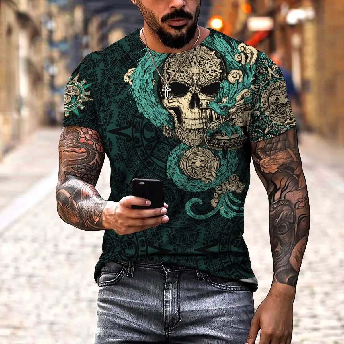 

2023 New Vikings Men's T-shirt Skull T Shirt Vintage 3d Print Short Sleeve Casual O Neck Street Loose Tops Summer Male Clothing