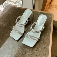 new 2022 summer square head rhinestone chain middle heel thin strap one word slippers womens open toe dual use sandals