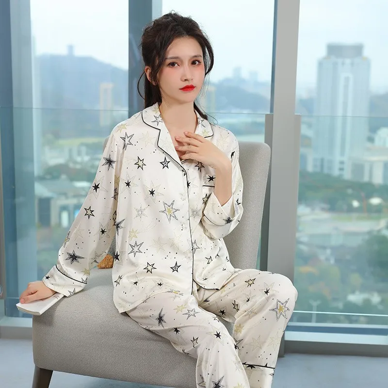 XINGX Ice Silk Pajamas Women's Spring and Autumn Thin Cardigan Long Sleeve Pants Suit High-Grade Home Wear
