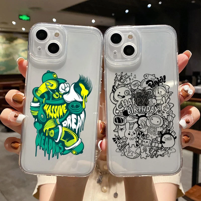 

Fashion Graffiti Cartoon Phone Case For iPhone 11 Pro 12 Mini 13 MAX X XR XS 8 7 Plus 6 6s Transparent Soft Silicon Cover Coque