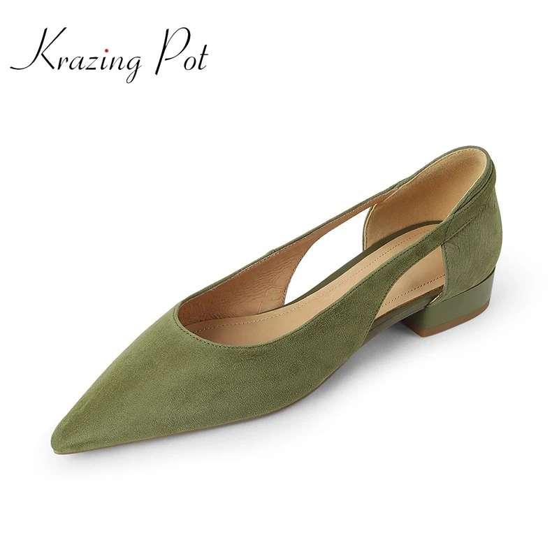 

Krazing Pot Sheep Suede Shallow European Designer Summer Shoes Design Pointed Toe Thick Low Heel Slip On Green Color Women Pumps