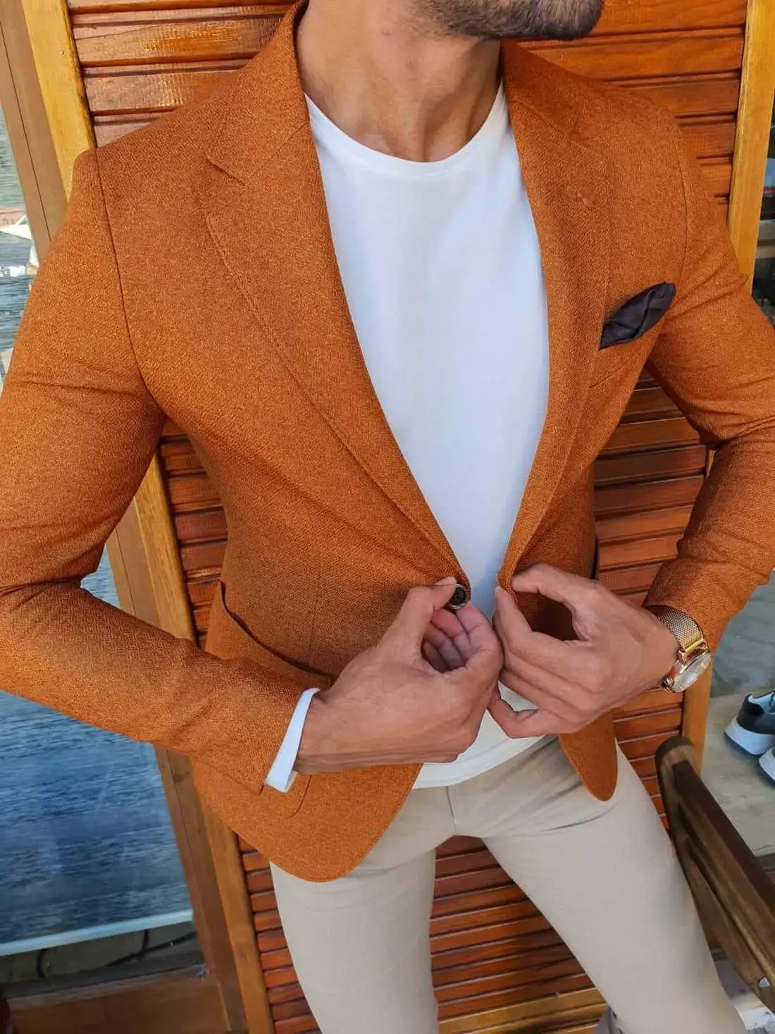 

2022 Latest Design Causal Summer Suit For Men Tangerine Notch Lapel 2 Pieces Wedding Groomsman Blazer Set With Suit Pants