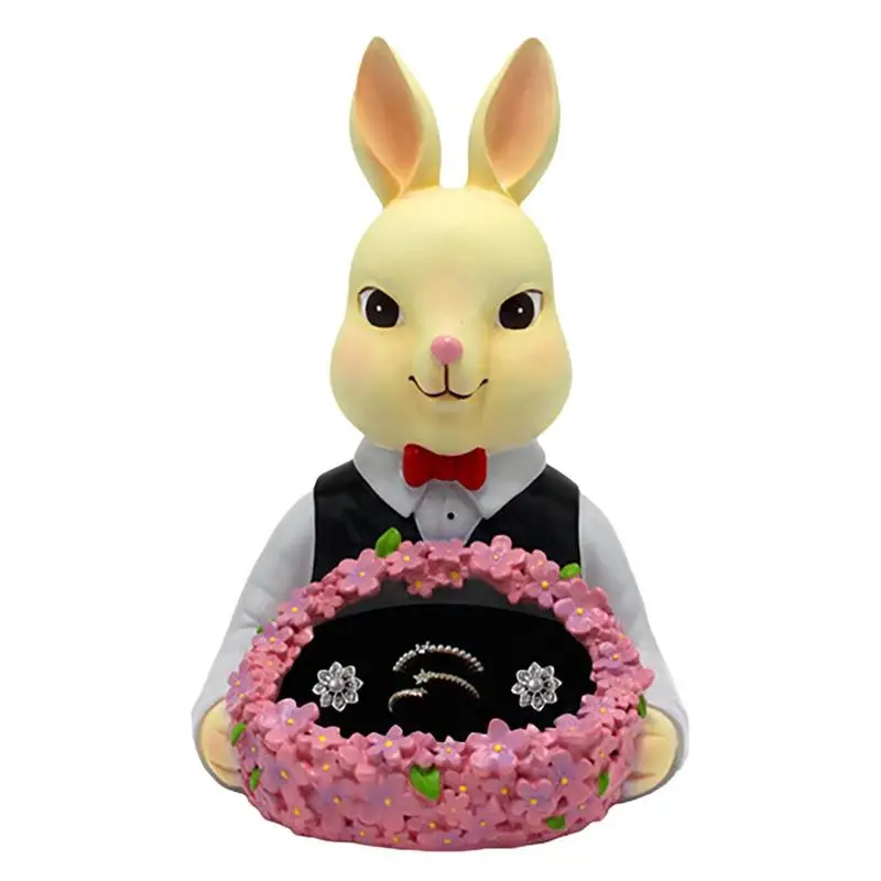 

Bunny Jewelry Holder Holding Storage Tray Resin Couple Rabbit With Pink Flowers Storage Tray For Earrings Necklace