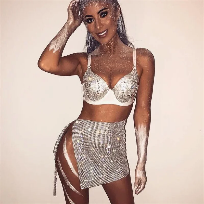 

Zoctuo Diamonds Explosive Flash Shiny Skirts Slit Lady Mini Skirt Midnight Party Club Music Rave Baquet Carnival Outfit Female