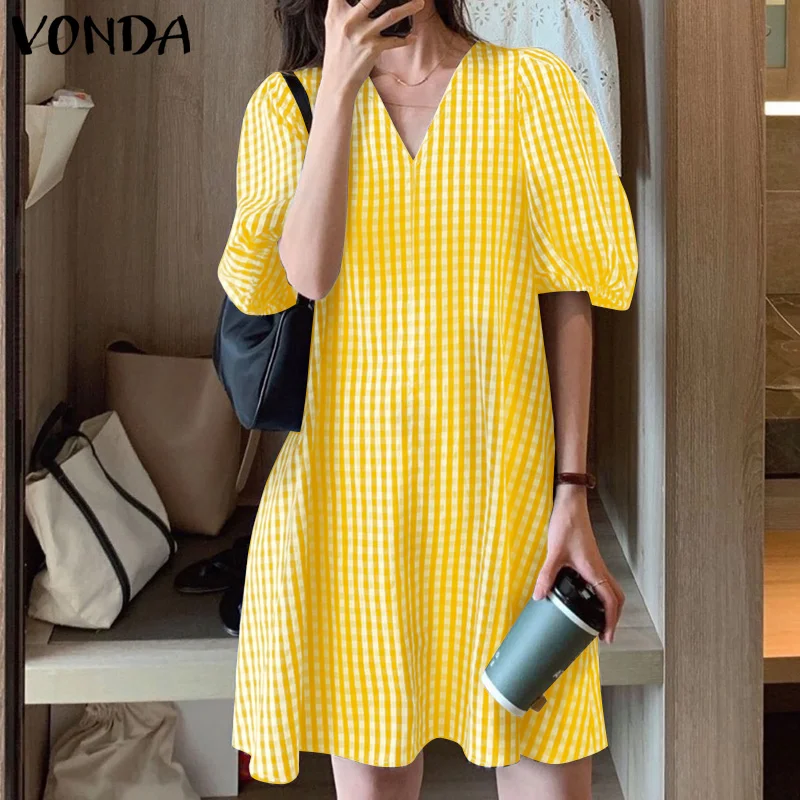 

Women Short Sleeve Dress VONDA 2022 Sexy V Neck Checked Plaid Dress Holiday Casual Loose Ruffle Vestido Femininas Robe Femme