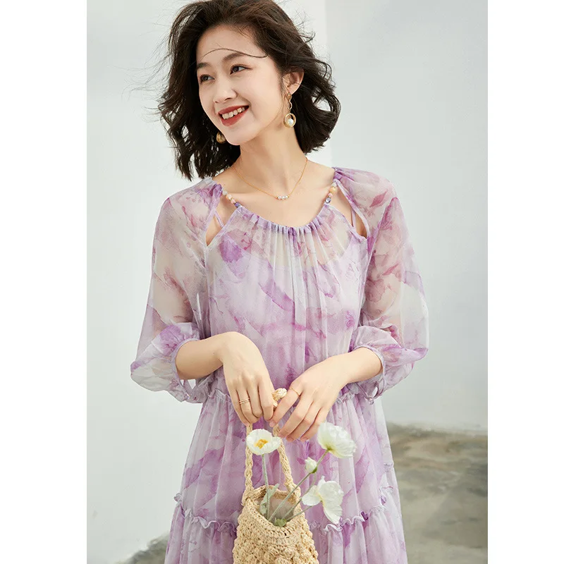

Great Beauty Texture Limited Summer Silk Dress Female Romantic Elegant Design Sense High Waist Temperament Mulberry Silk Dress
