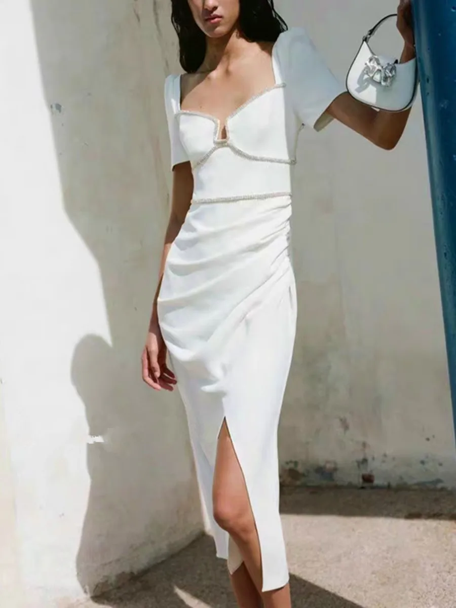 

Женское платье с разрезом, элегантное белое или черное платье до середины икры с квадратным вырезом, коротким рукавом и открытой спиной, на пуговицах, с высокой талией