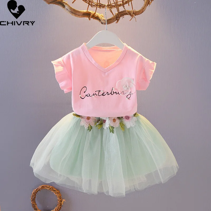 

Two-piece Girls Clothing Sets Summer 2022 Kids Baby Girl Short Sleeve V-neck Flower T-shirts Tops with Ball Gown Skirt