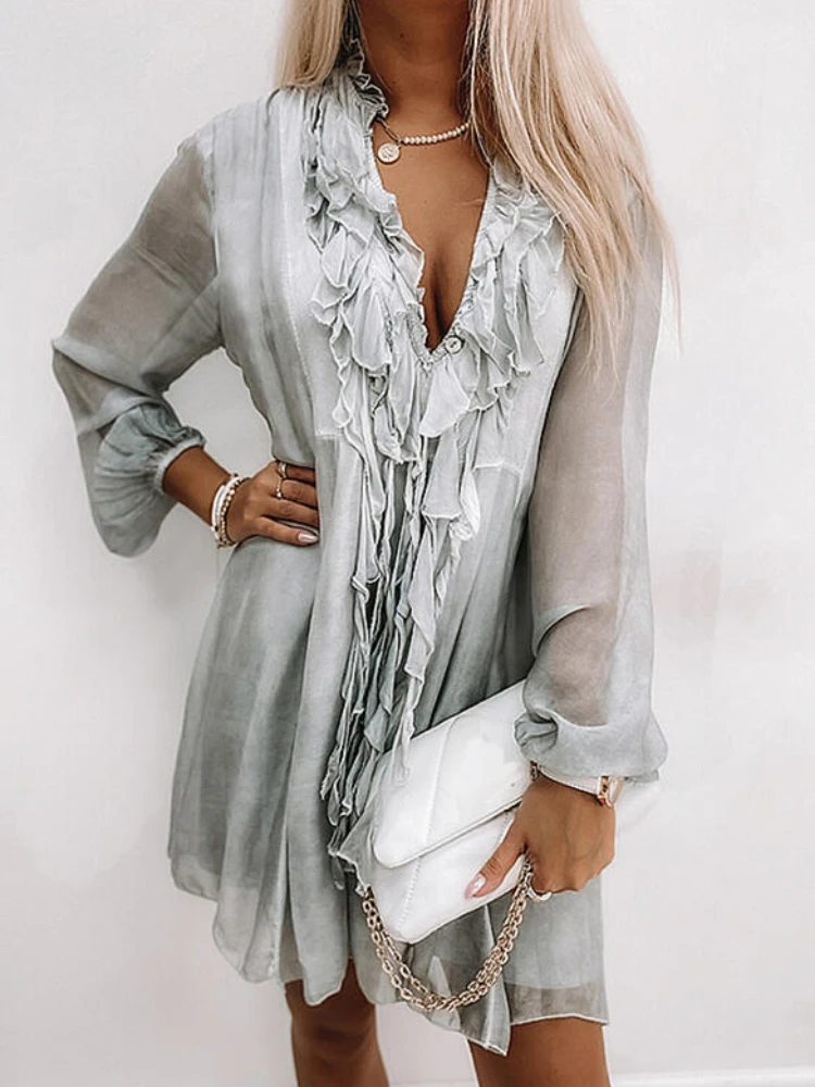 

Women Casual Mini Dress Deep V Neck Long Sleeve Tassel Solid Loose Beach Seaside Bohemian Style Vestidos Summer Dresses 2022
