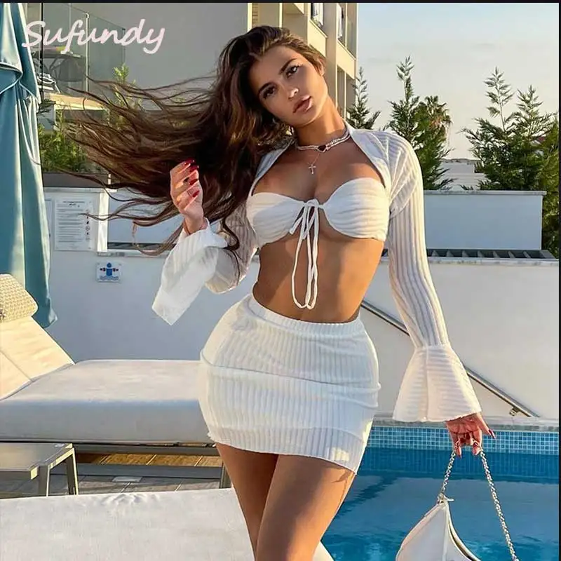 

Sufundy Sexy Women's Two Piece Set Bandage Deep V Neck Tank Crop Top Mini Pencil Skirt Hot Female White Suit Clubwear Outfits