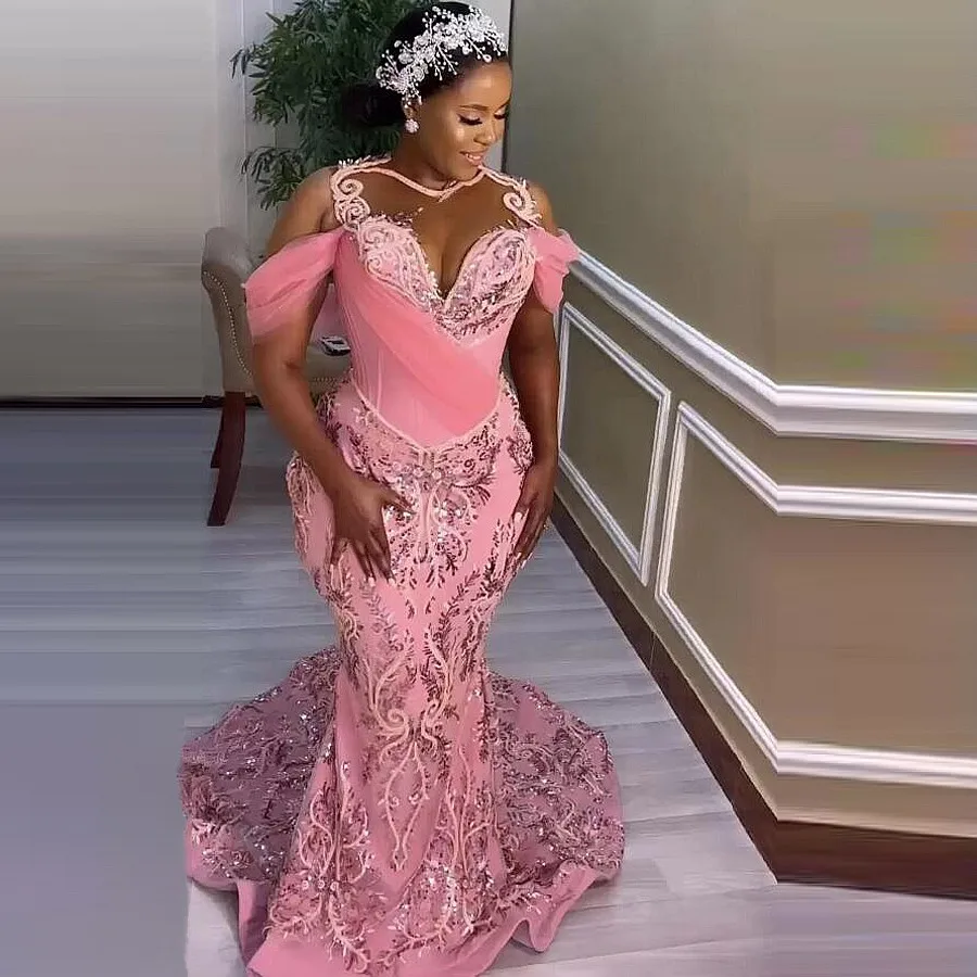 

Aso Ebi Prom Dresses With Sheer Neck Sequined Beads Lace Off The Shoulder Mermaid Evening Dress For African Women Birthday Gowns