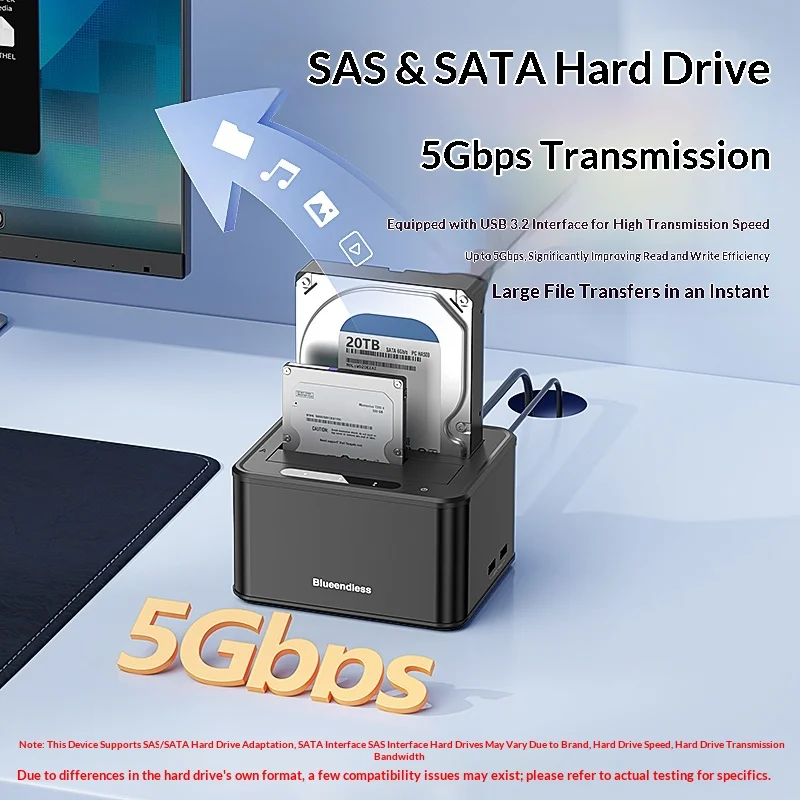Фото Док-станция Blueendless Dual Bay для жестких дисков 2.5/3.5 дюйма SATA/SAS HDD/SSD, USB 3.2 5 Гбит/с, внешний корпус для HDD до 40 ТБ №3