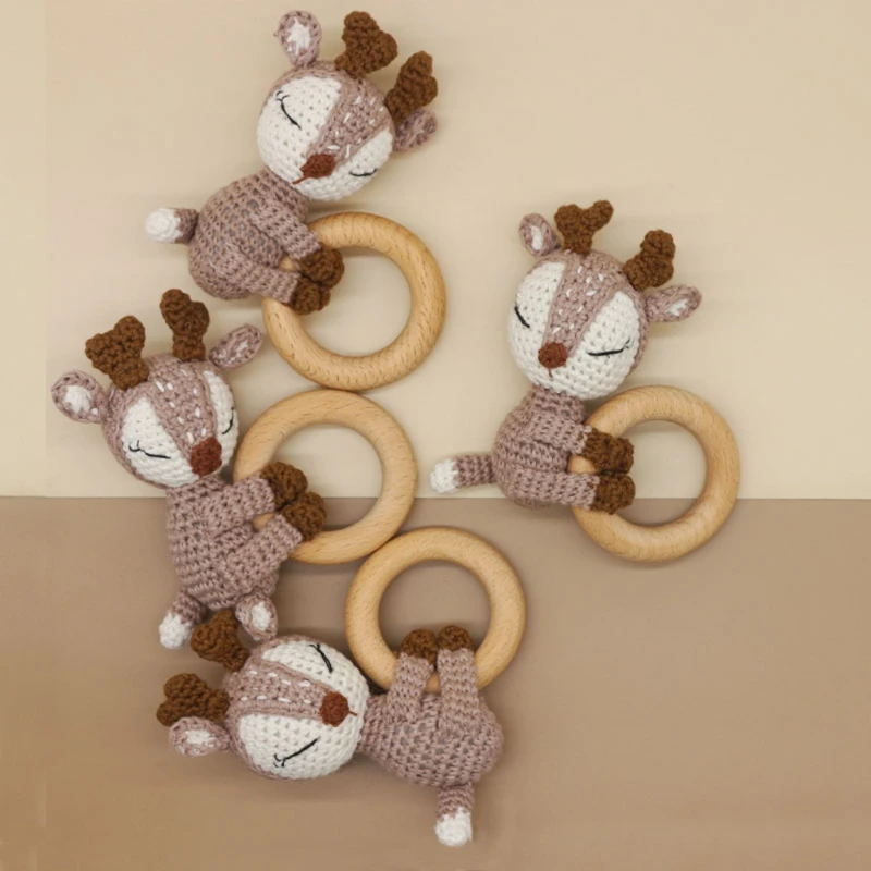 

D7YD Cotton Thread Crochet Deer Animal Rattle Hand Bell Handmade BPA Free Chewing Toy Knitted Elk Baby Teether Wooden Ring