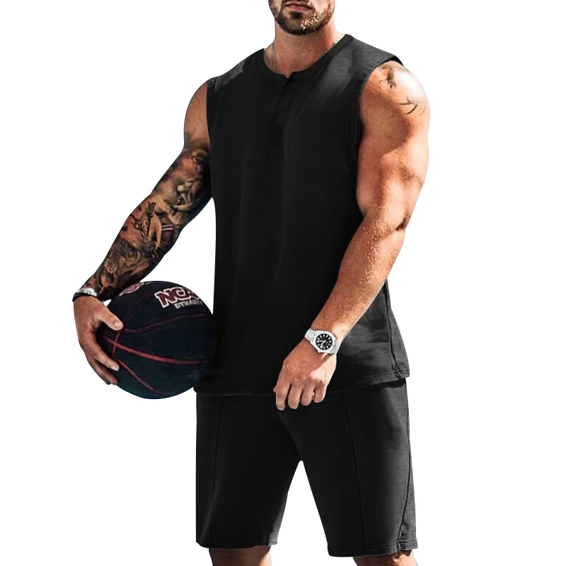 2023 Men's Set Round Neck Sleeveless Casual Top+Sports Drawstring Elastic Waist Fitness Shorts Boutique Two Piece Set