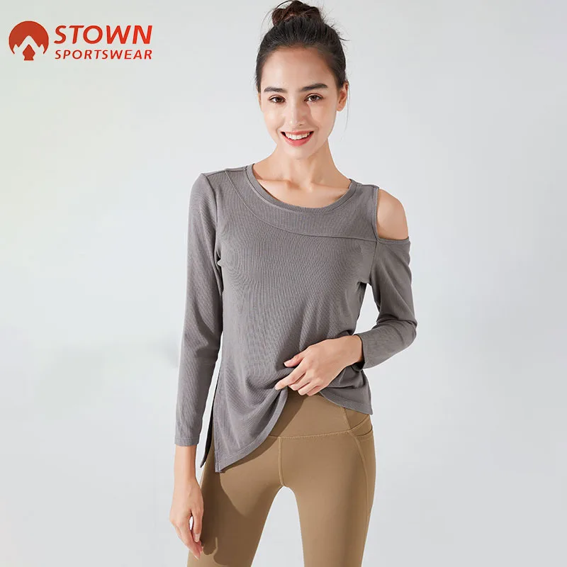 

Stown Sportswear Women Ribbed Yoga Long Sleeve Shirts Fitness Asymmetrical Off-shoulder Dancing Workout Active Wear Running Top