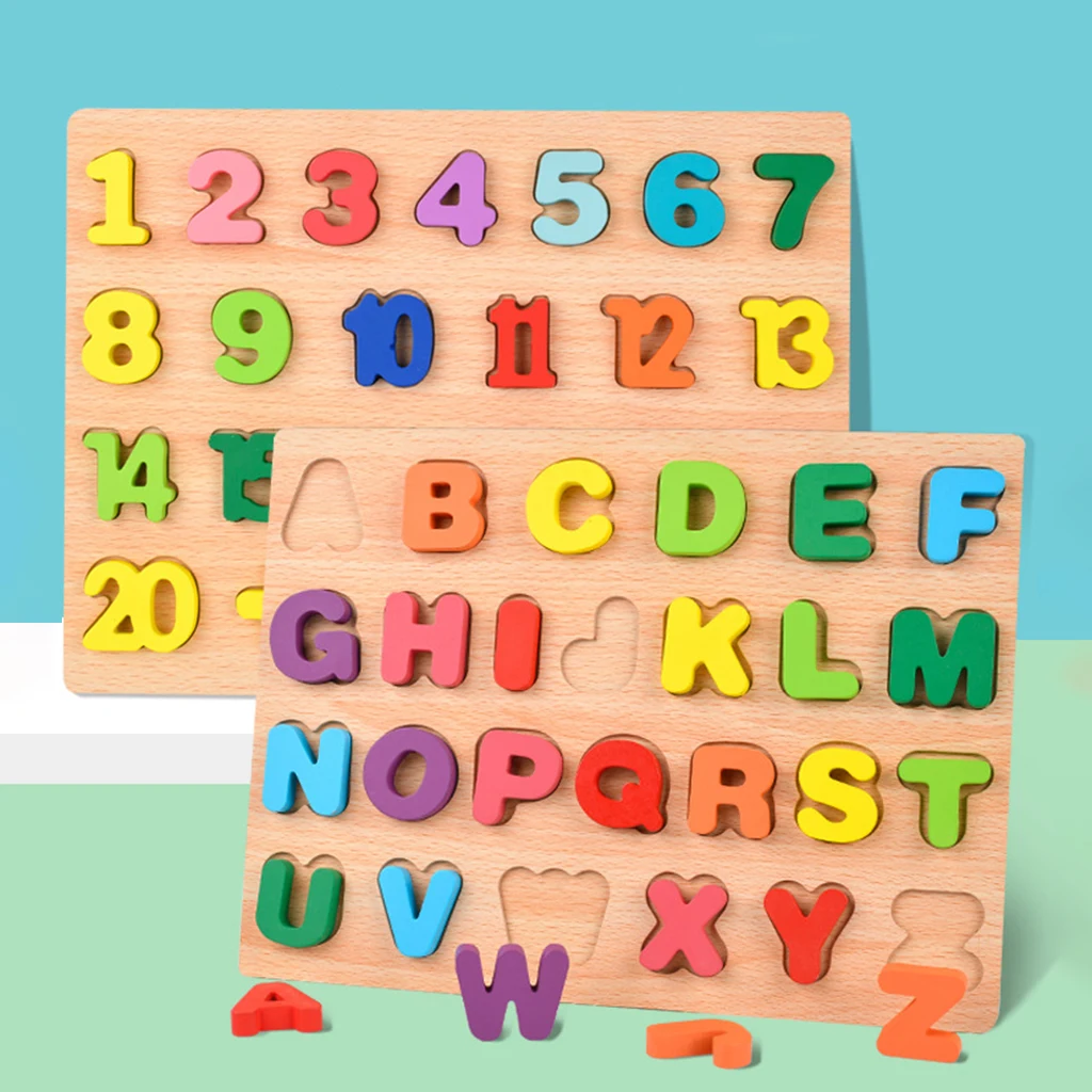 Фото Деревянная доска с цветным алфавитом и цифрами 3D пазл детская ранняя развивающая