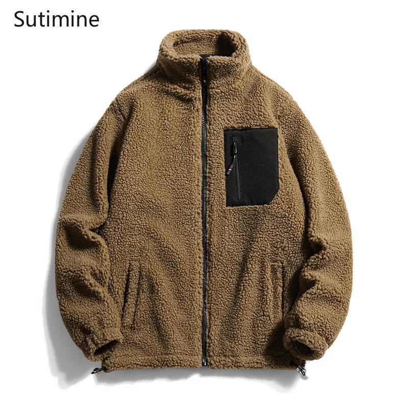 Men Clothing Daily Stand Collar Winter Korean Fashion Lamb Fleece Cotton Coat Cashmere Coat Fleece Fleece Zipper Winter Coat Men